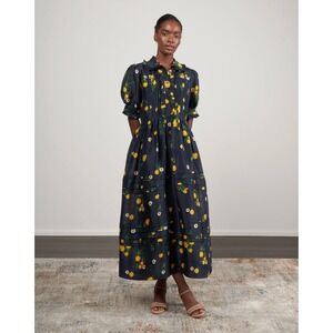 Lee Mathews $740 Ketty Navy Yellow Floral Midi Dress Sz 2 Linen Silk Puff Sleeve
